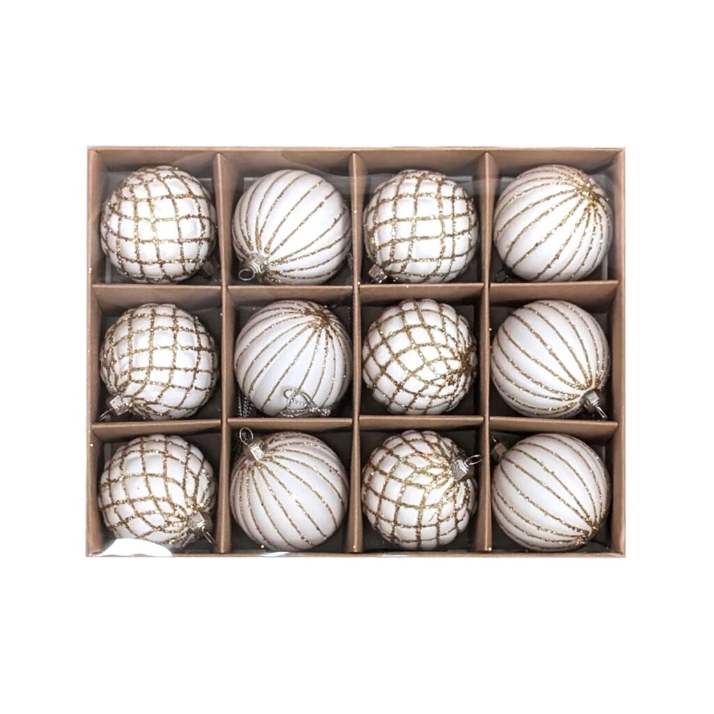 Unbreakable White & Gold Glitter 6cm Christmas Baubles Pack of 12 8720967926503 2